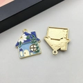 Blue enamel mushroom house pendant for DIY jewelry showing front and back textures - Blue Mushroom Flower House (19021)