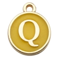 Golden round alphabet charm with yellow enamel finish and letter Q for DIY jewelry - Double-Sided Letter Q / 1 Piece (12x14mm) / Yellow