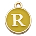 Golden round pendant with yellow enamel inlay featuring capital letter R for DIY jewelry - Double-Sided Letter R / 1 Piece (12x14mm) / Yellow
