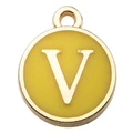 Golden round pendant with yellow enamel inlay featuring white uppercase letter V - Double-Sided Letter V / 1 Piece (12x14mm) / Yellow
