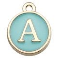 Mint green enamel round pendant with gold letter A for DIY jewelry making - Double-Sided Letter A / 1 Piece (12x14mm) / Green