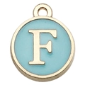 Golden round pendant with light blue enamel finish and uppercase letter F for DIY jewelry - Double-Sided Letter F / 1 Piece (12x14mm) / Green