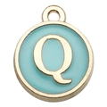 Golden round pendant with light blue enamel and letter Q for DIY jewelry making - Double-Sided Letter Q / 1 Piece (12x14mm) / Green