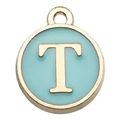 Round alphabet charm with gold frame and light blue enamel featuring capital letter T - Double-Sided Letter T / 1 Piece (12x14mm) / Green