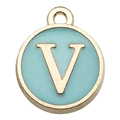 Round gold-plated charm with light blue enamel inlay and embossed golden letter V - Double-Sided Letter V / 1 Piece (12x14mm) / Green