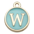 Enamel alphabet W round pendant in light blue and gold for DIY jewelry making - Letter W / 1 Piece (12x14mm) / Green