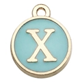 Golden round pendant with light blue enamel inlay and capital letter X charm - Letter X / 1 Piece (12x14mm) / Green