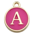 Round pink enamel letter A charm in golden frame for DIY necklaces and bracelets - Letter A / 1 Piece (12x14mm) / Rose Red