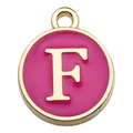 Golden round pendant with rose red enamel and capital letter F for DIY jewelry - Letter F / 1 Piece (12x14mm) / Rose Red