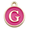 Golden round charm with pink enamel and letter G for DIY bracelets and necklaces - Letter G / 1 Piece (12x14mm) / Rose Red