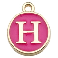 Rose pink enamel round alphabet H pendant with gold plated rim for DIY jewelry - Letter H / 1 Piece (12x14mm) / Rose Red
