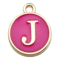 Pink enamel round letter J charm with gold plating for DIY jewelry necklaces - Letter J / 1 Piece (12x14mm) / Rose Red