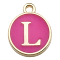 Pink enamel letter L charm with golden round border for DIY necklaces and bracelets - Letter L / 1 Piece (12x14mm) / Rose Red