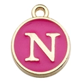 Golden round pendant with hot pink enamel and embossed letter N for DIY jewelry - Letter N / 1 Piece (12x14mm) / Rose Red