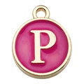Pink enamel round pendant with golden letter P for DIY jewelry necklaces and bracelets - Letter P / 1 Piece (12x14mm) / Rose Red