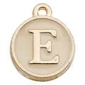 Golden round alphabet charm with cream enamel finish featuring capital letter E - Letter E / 1 Piece (12x14mm) / Champagne