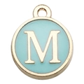 Mint green enamel round pendant with golden M letter for DIY jewelry making - Letter M / 1 Piece (12x14mm) / Green