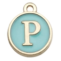 Round gold pendant with mint green enamel and capital letter P for DIY jewelry - Letter P / 1 Piece (12x14mm) / Green