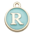 Golden round pendant with light blue enamel and uppercase letter R for DIY jewelry - Letter R / 1 Piece (12x14mm) / Green