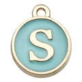 Round gold-plated charm with light blue enamel and a 3D embossed letter S pendant - Letter S / 1 Piece (12x14mm) / Green