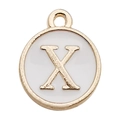 Golden round pendant with white enamel featuring a metallic letter X design - Letter X / 1 Piece (12x14mm) / White