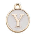 Round gold-plated charm with white enamel and golden letter Y for DIY jewelry making - Letter Y / 1 Piece (12x14mm) / White