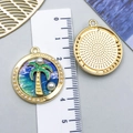 Detail view of round gold alloy charm with ocean palm tree enamel and pearl accents - Round Pearl Palm Tree Style (23571)