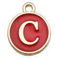 Red enamel round charm with golden letter C, DIY accessory for necklaces or bracelets - Letter C / 1 Piece (12x14mm) / Red