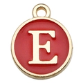 Golden round pendant with red enamel finish and serif letter E for DIY jewelry - Letter E / 1 Piece (12x14mm) / Red