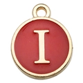 Gold round letter I pendant with red enamel finish for DIY jewelry and necklaces - Letter I / 1 Piece (12x14mm) / Red