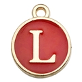 Golden round pendant featuring red enamel and a white serif letter L for DIY jewelry - Letter L / 1 Piece (12x14mm) / Red