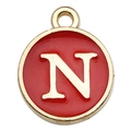 Golden round pendant with red enamel featuring capital letter N for DIY jewelry - Letter N / 1 Piece (12x14mm) / Red