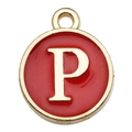Golden round pendant with red enamel featuring capital letter P for DIY jewelry - Letter P / 1 Piece (12x14mm) / Red