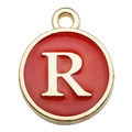 Golden round pendant with red enamel featuring letter R for DIY necklaces and bracelets - Letter R / 1 Piece (12x14mm) / Red