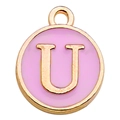 Pink enamel round pendant with gold letter U for DIY jewelry making and necklaces - Letter U / 1 Piece (12x14mm) / Pink