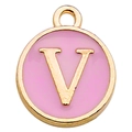 Pink enamel letter V charm with golden plating for DIY jewelry necklaces and bracelets - Letter V / 1 Piece (12x14mm) / Pink