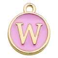 Pink enamel letter W charm with gold plated metal border for DIY jewelry making - Letter W / 1 Piece (12x14mm) / Pink