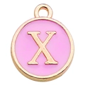 Pink enamel round alphabet X pendant with rose gold finish for DIY jewelry - Letter X / 1 Piece (12x14mm) / Pink
