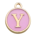 Pink enamel and gold metal alphabet charm pendant with letter Y for DIY jewelry - Letter Y / 1 Piece (12x14mm) / Pink