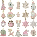 20 stuks roze gouden kerstbedeltjes set met sneeuwvlokken en bomen voor DIY-sieraden maken - Roze en Wit Emaille Kerstserie Hanger Collectie (SN1590)