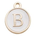 Gold plated white enamel round charm pendant featuring letter B for DIY jewelry making - Letter B / 1 Piece (12x14mm) / White