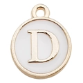 Round gold-plated enamel alphabet charm featuring letter D in white for jewelry making - Letter D / 1 Piece (12x14mm) / White