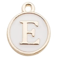 Golden round alphabet charm with white enamel featuring the letter E for DIY jewelry - Letter E / 1 Piece (12x14mm) / White