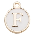 Golden round enamel charm with letter F detail for DIY necklace and bracelet jewelry - Letter F / 1 Piece (12x14mm) / White