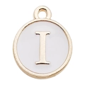 Golden round pendant with letter I in white enamel for DIY necklace and bracelet - Letter I / 1 Piece (12x14mm) / White