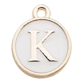 White enamel letter K round pendant charm with gold trim for DIY jewelry making - Letter K / 1 Piece (12x14mm) / White