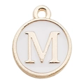 Golden round pendant with white enamel featuring a bold gold letter M for DIY jewelry - Letter M / 1 Piece (12x14mm) / White