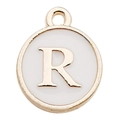 Golden round alphabet charm with white enamel and capital letter R for DIY jewelry - Letter R / 1 Piece (12x14mm) / White