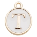 Round white enamel pendant with golden letter T for DIY necklace and bracelet - Letter T / 1 Piece (12x14mm) / White