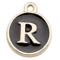Golden round letter R charm with black enamel for DIY necklaces and bracelets - Letter R Pendant (12241) / 1 Piece (12x14mm) / Black